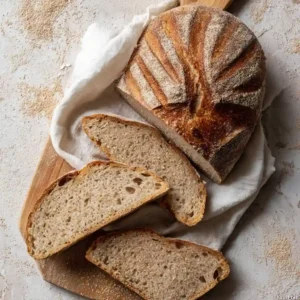 A perfectly baked round loaf of great gluten free bread with a golden-brown crust and flour rings from a proofing basket, cooling on a wire rack