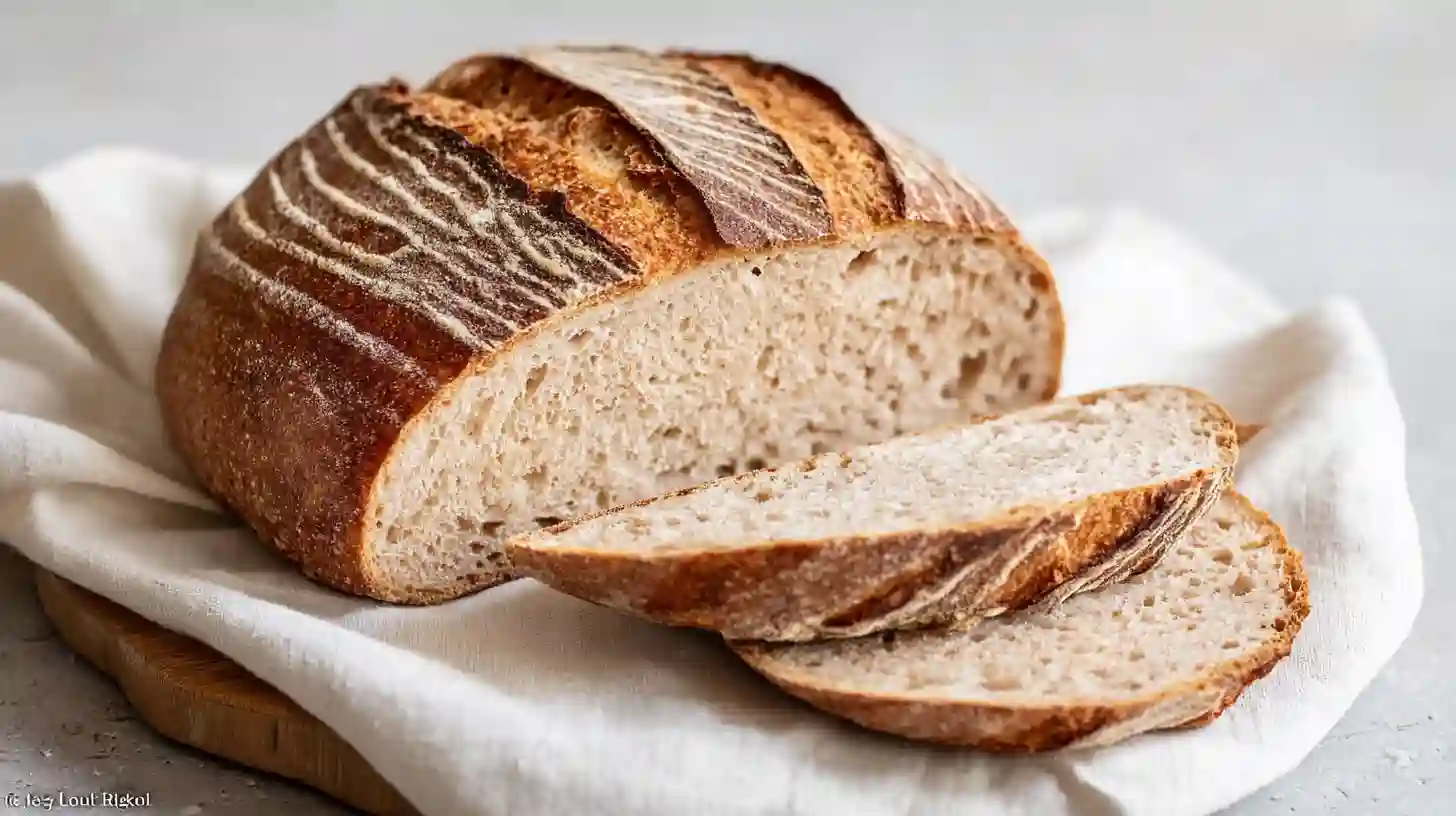 A sliced loaf of great gluten free bread on a white cloth, showcasing the soft, tender crumb and crispy, golden crust of the homemade loaf.