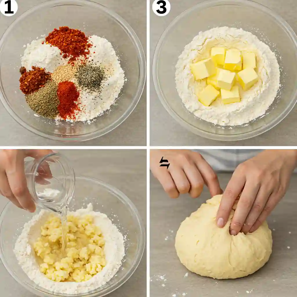 Four-panel image showing the steps for how to make gluten-free cracker dough, from mixing dry ingredients to kneading the final ball.
