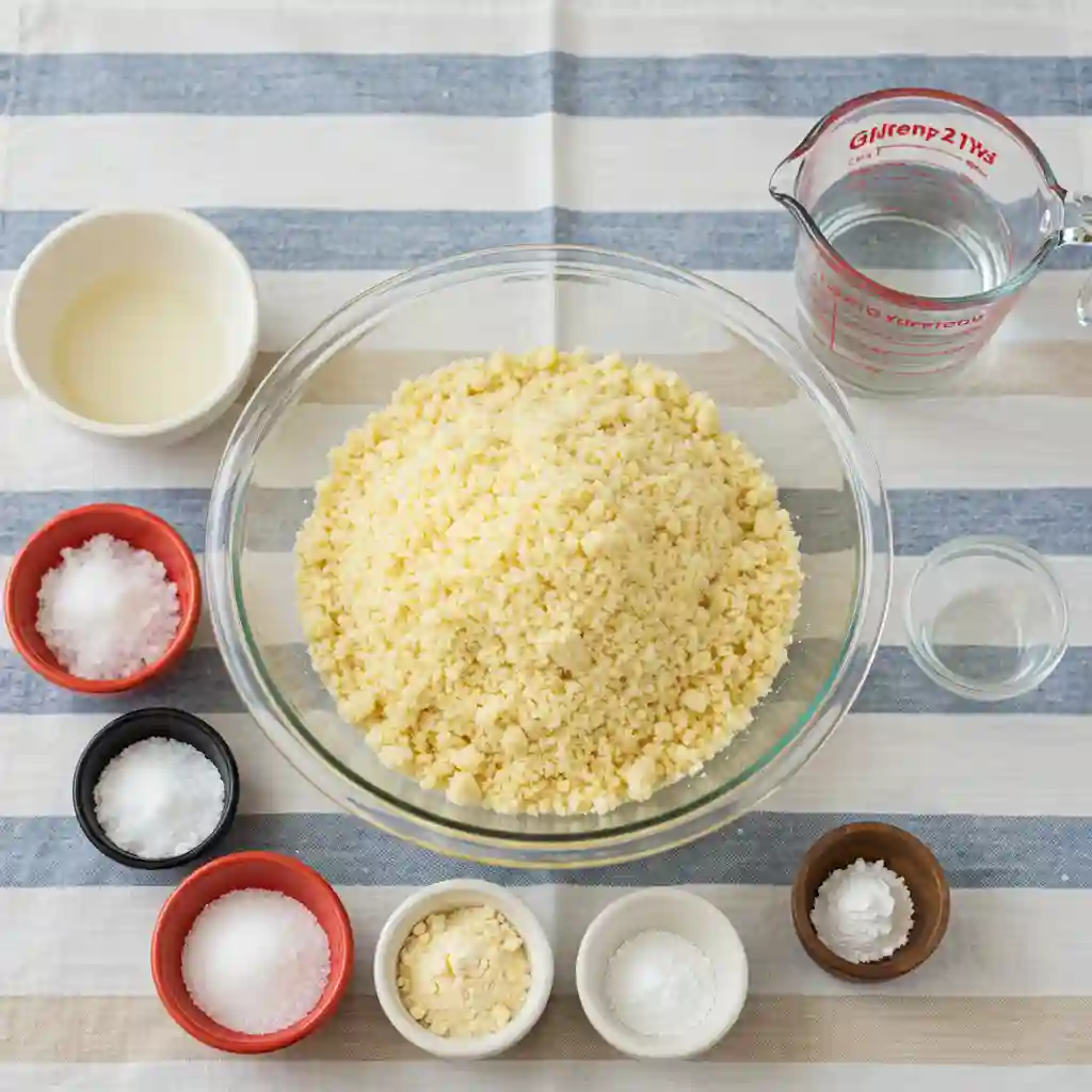 Overhead view of ingredients needed to make keto almond flour tortillas, including almond flour, water, salt, and baking powder in separate bowls.