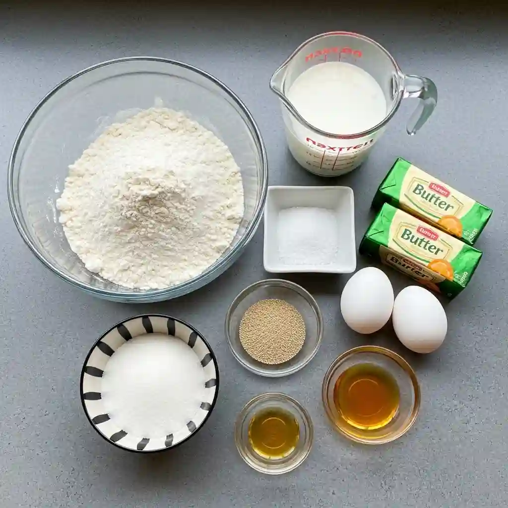 All the ingredients needed to make homemade Gluten Free Crescent Rolls arranged on a gray countertop, including a bowl of gluten-free flour, butter, milk, eggs, sugar, and yeast