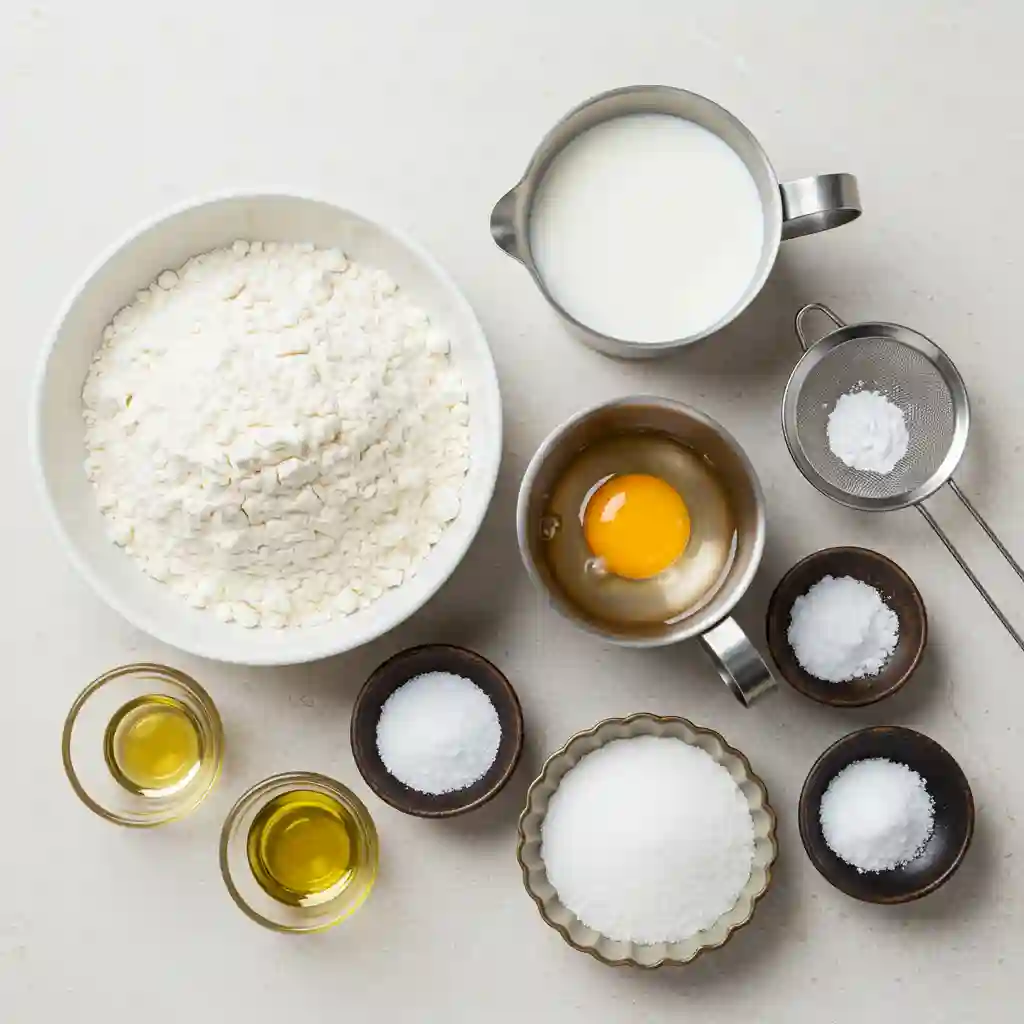 All ingredients needed to make gluten free pancakes, including gluten-free flour, milk, egg, sugar, and leavening agents, arranged on a countertop.