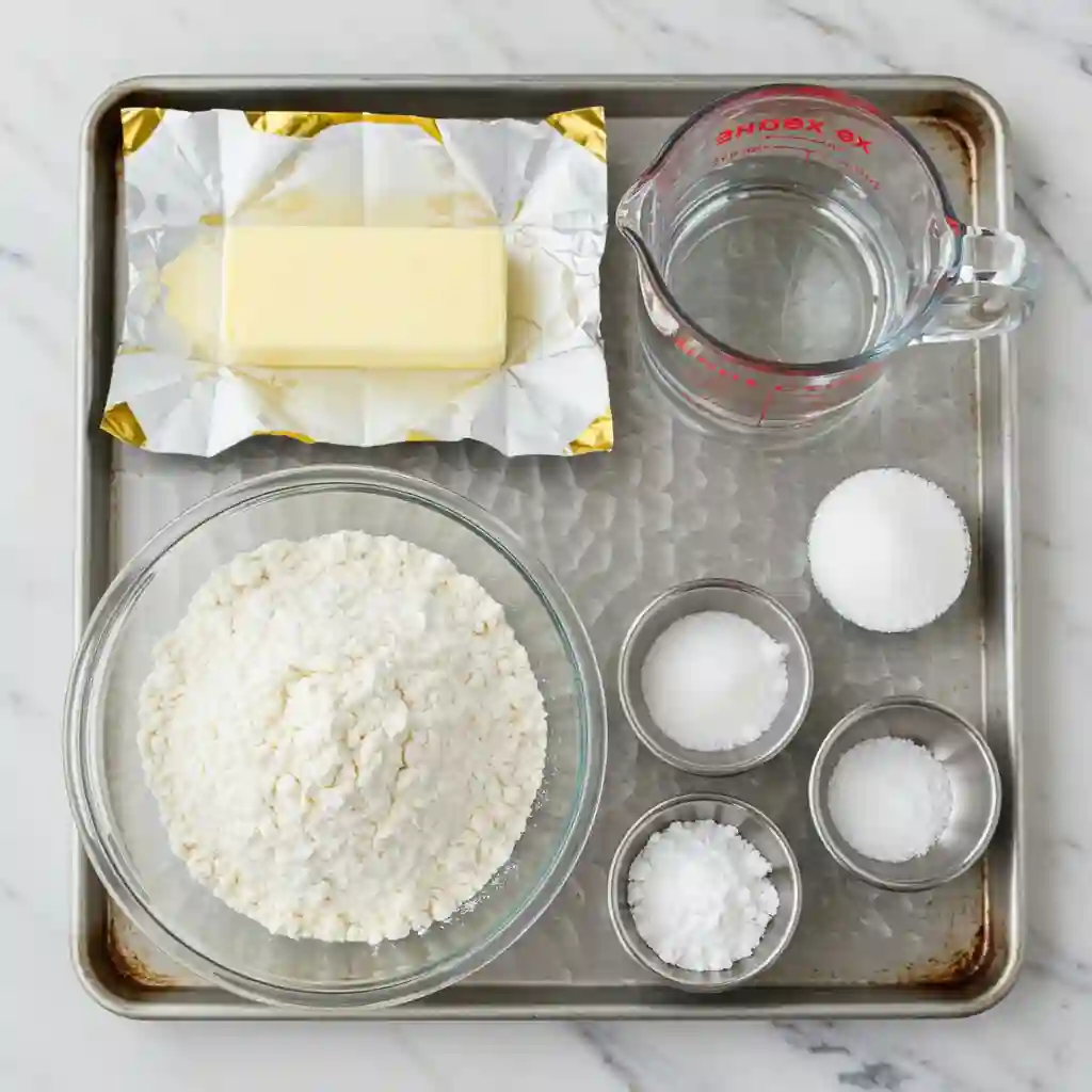 The simple ingredients needed to make homemade Gluten Free Puff Pastry laid out on a baking sheet: gluten-free flour, a stick of butter, water, salt, and sugar.