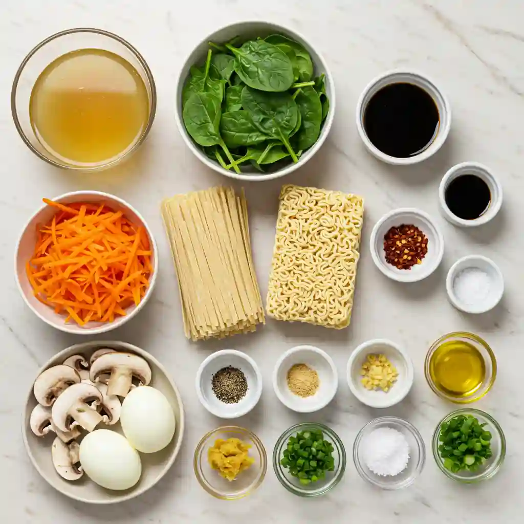 All the fresh ingredients for a gluten free ramen recipe laid out on a marble countertop, including gluten free noodles, chicken broth, tamari, and vegetables