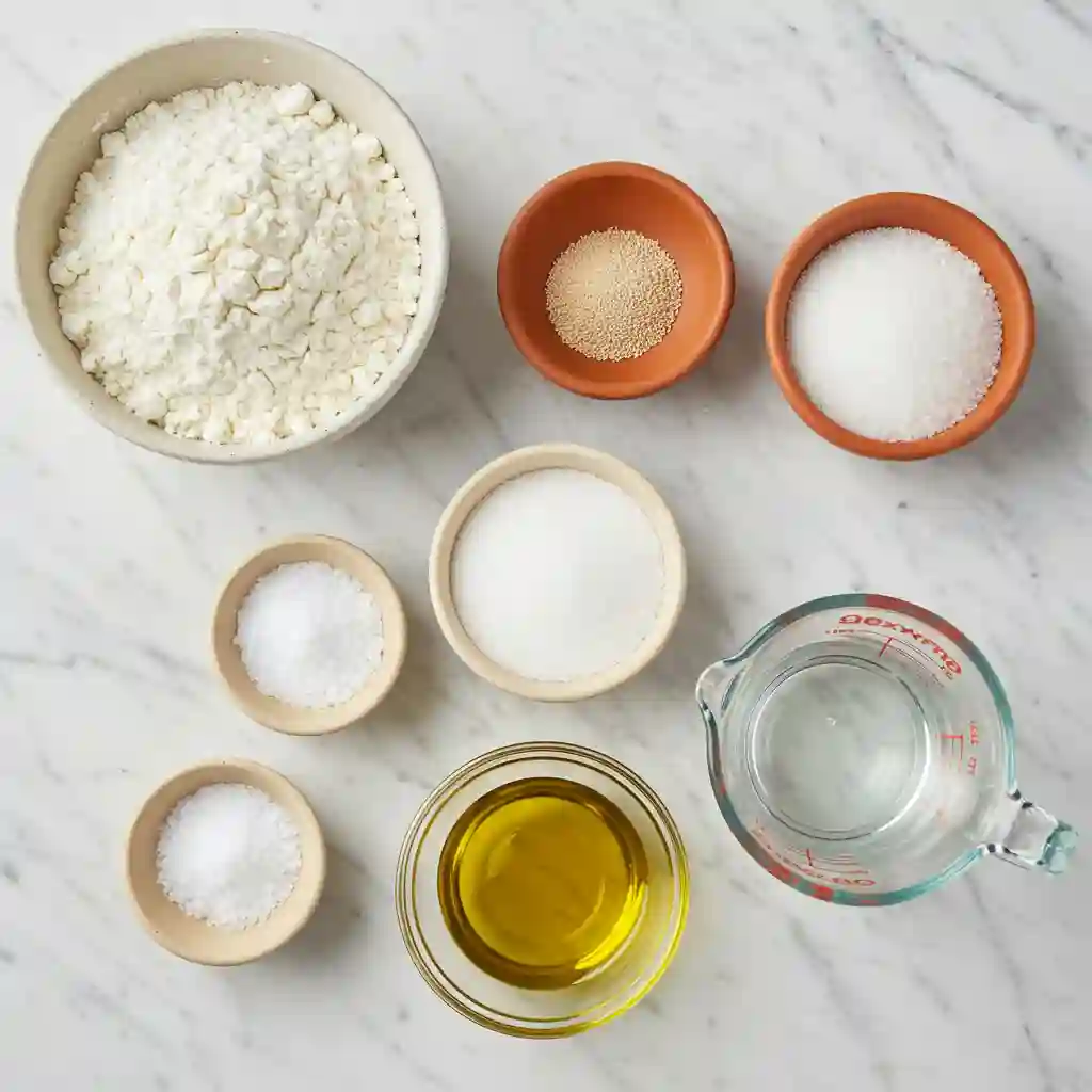 Overhead view of ingredients for gluten free pizza  dough including flour, yeast, oil, salt, sugar, and water.