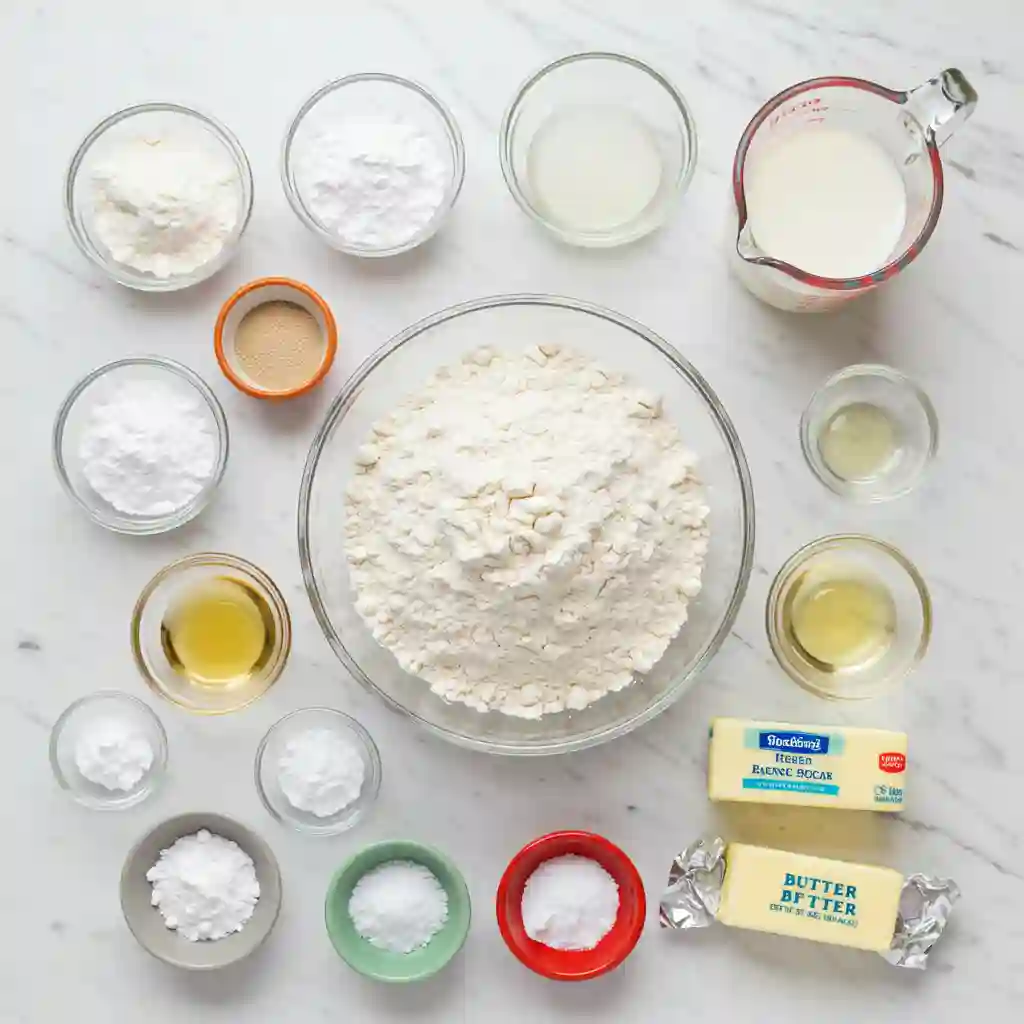An overhead view of the ingredients for gluten free pretzels, including flour, yeast, and butter, arranged on a marble countertop.
