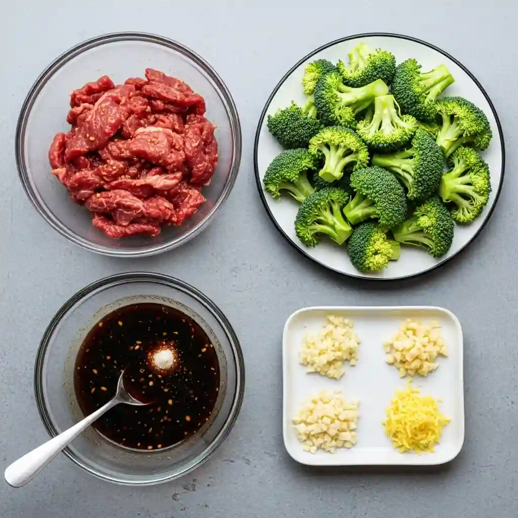 Ingredients for easy Chinese beef and broccoli prepped in bowls: raw sliced beef, dark stir-fry sauce, fresh broccoli florets, and minced garlic and ginger.
