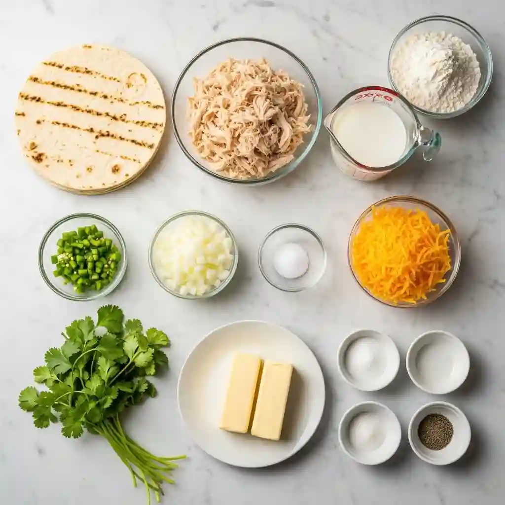 Overhead shot of ingredients to make creamy White Chicken Enchiladas, including shredded chicken, tortillas, cheese, milk, flour, and butter laid out on a marble surface.