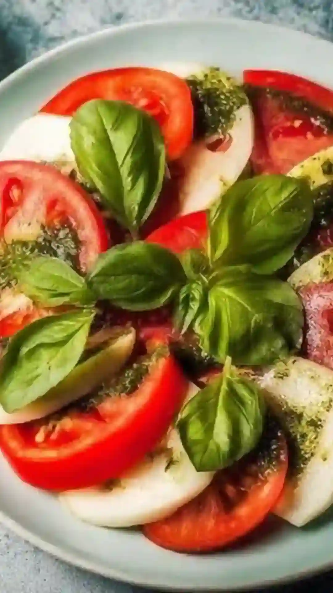 A classic Caprese salad on a blue plate, with alternating slices of ripe tomato and fresh mozzarella, topped with basil leaves and a pesto dressing.