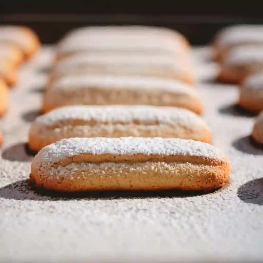 Freshly baked Sponge fingers gluten free dusted with powdered sugar, ready to be enjoyed