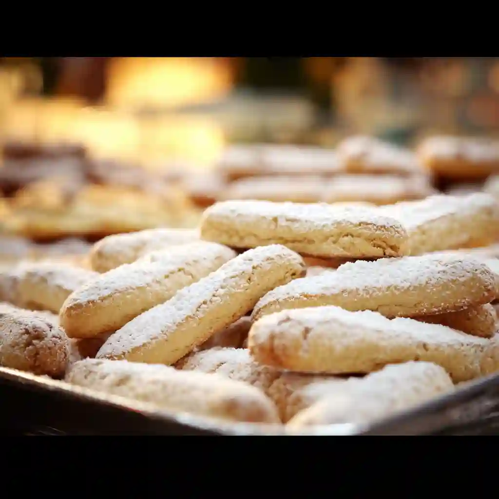 A batch of Sponge fingers gluten free on a baking tray, lightly sprinkled with powdered sugar