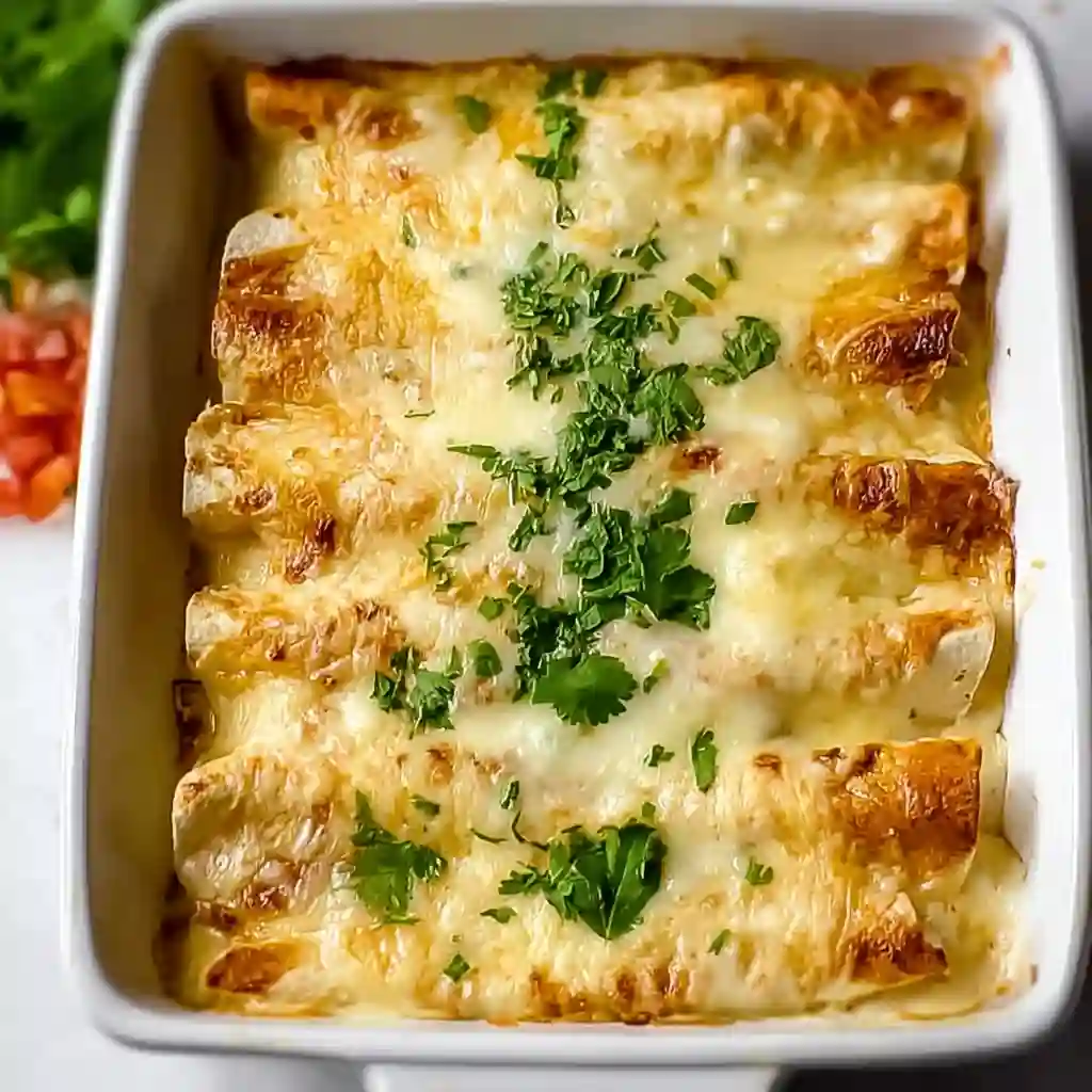 An overhead view of a white rectangular baking dish filled with creamy White Chicken Enchiladas, baked until golden and garnished with fresh cilantro.