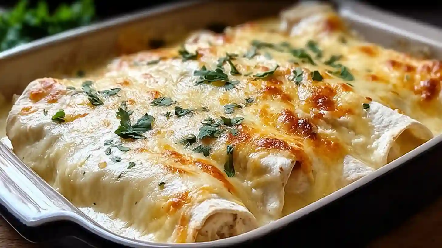 A close-up shot of cheesy baked White Chicken Enchiladas in a baking dish, with a golden brown bubbly top and a sprinkle of fresh cilantro.
