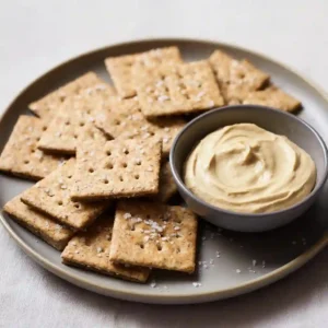 A plate of homemade almond flour crackers served with a small bowl of creamy hummus. The crackers are square-shaped, lightly salted, and have visible holes in the center. The texture of the almond flour crackers is rustic, and they are arranged neatly around the hummus. The scene emphasizes the healthy, gluten-free nature of almond flour crackers, perfect for dipping or snacking. The neutral-colored plate and soft lighting enhance the simple, delicious presentation of the dish