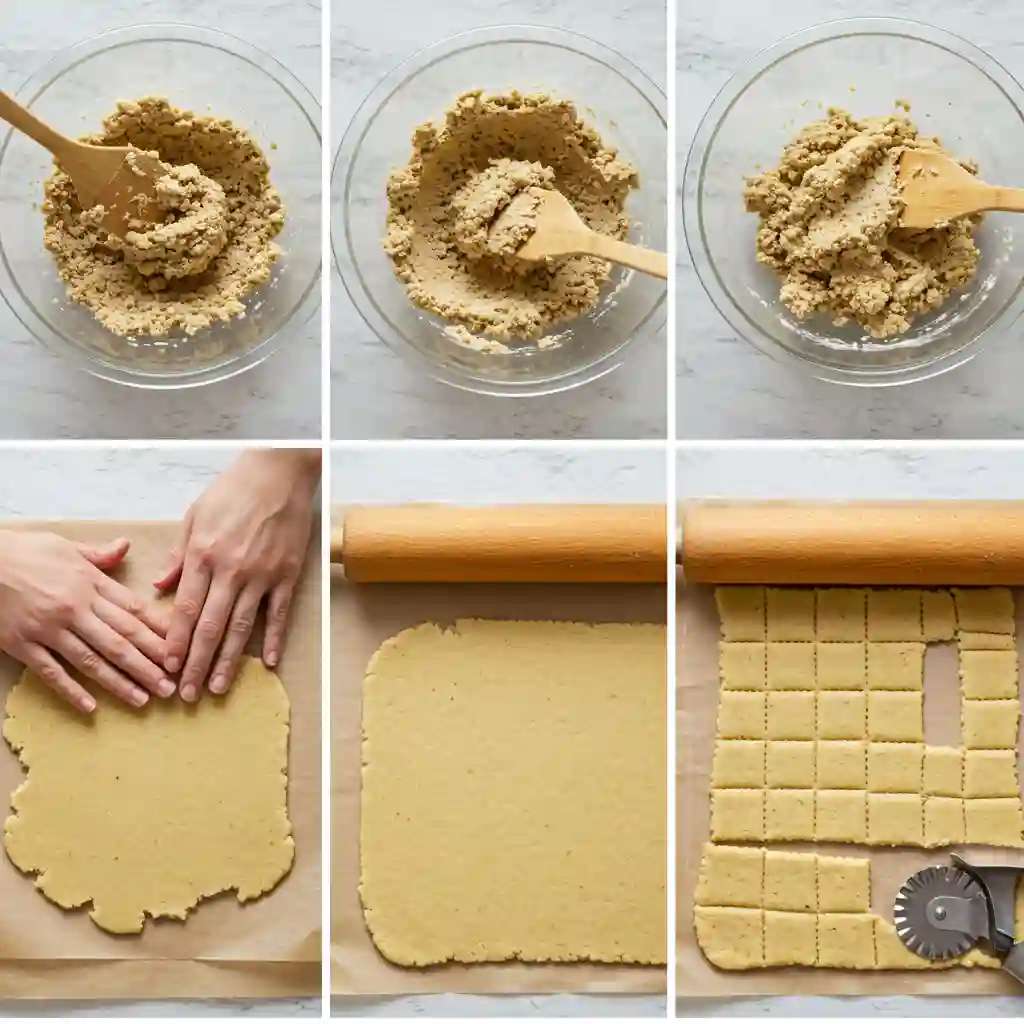 Step-by-step process of making almond flour crackers. The images show the preparation of almond flour dough in a glass bowl, which is then flattened on parchment paper. A rolling pin is used to smooth the dough into an even layer, and the dough is cut into square pieces with a pastry cutter. The final image shows the neatly arranged almond flour crackers, ready for baking, with visible texture and holes in the center. The crackers are lightly seasoned, and the steps highlight the homemade process for making these healthy, gluten-free snacks