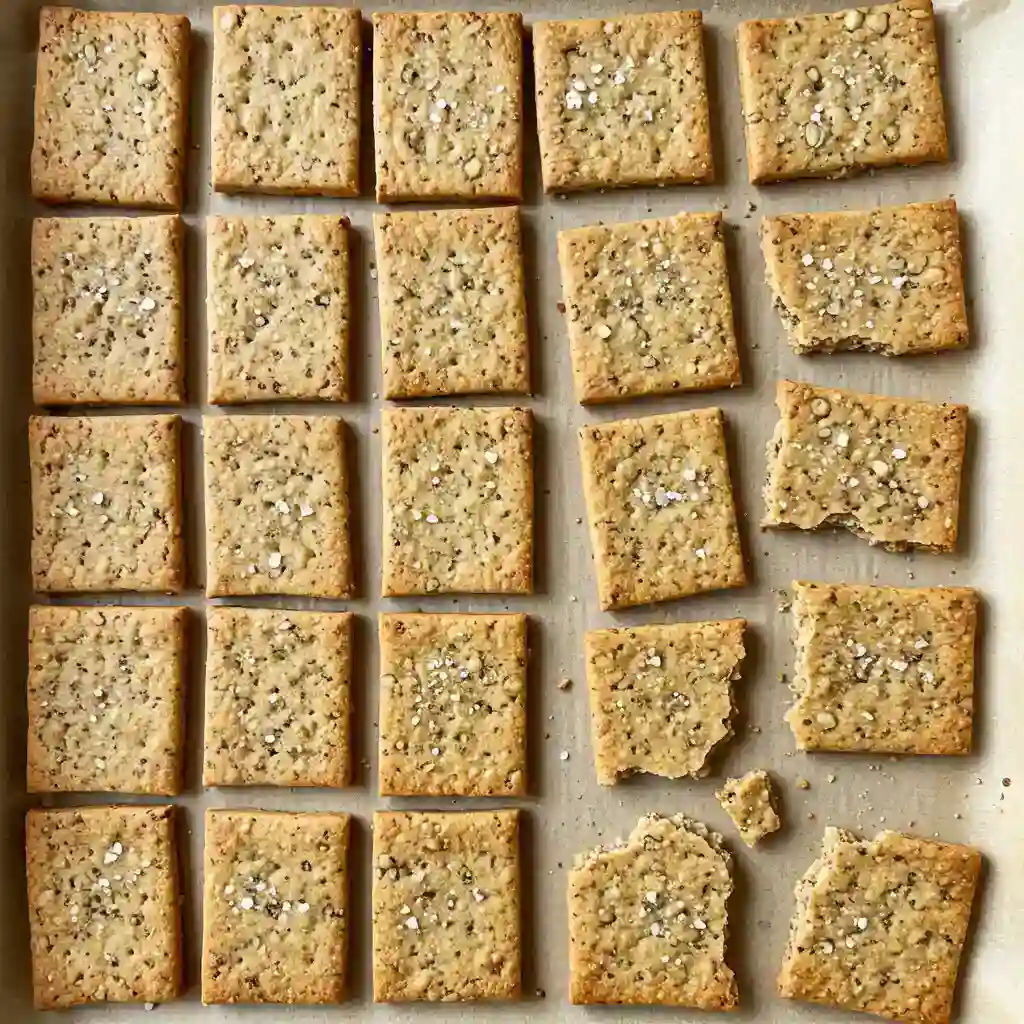 A batch of freshly baked almond flour crackers arranged on a sheet of parchment paper. The crackers are square-shaped, lightly salted, and have small holes in the center. Some crackers are neatly aligned, while others have broken pieces scattered around. The texture of the almond flour crackers is visible, with a rustic, crumbly appearance. These homemade crackers offer a healthy, gluten-free snack option, perfect for serving with dips or enjoying on their own