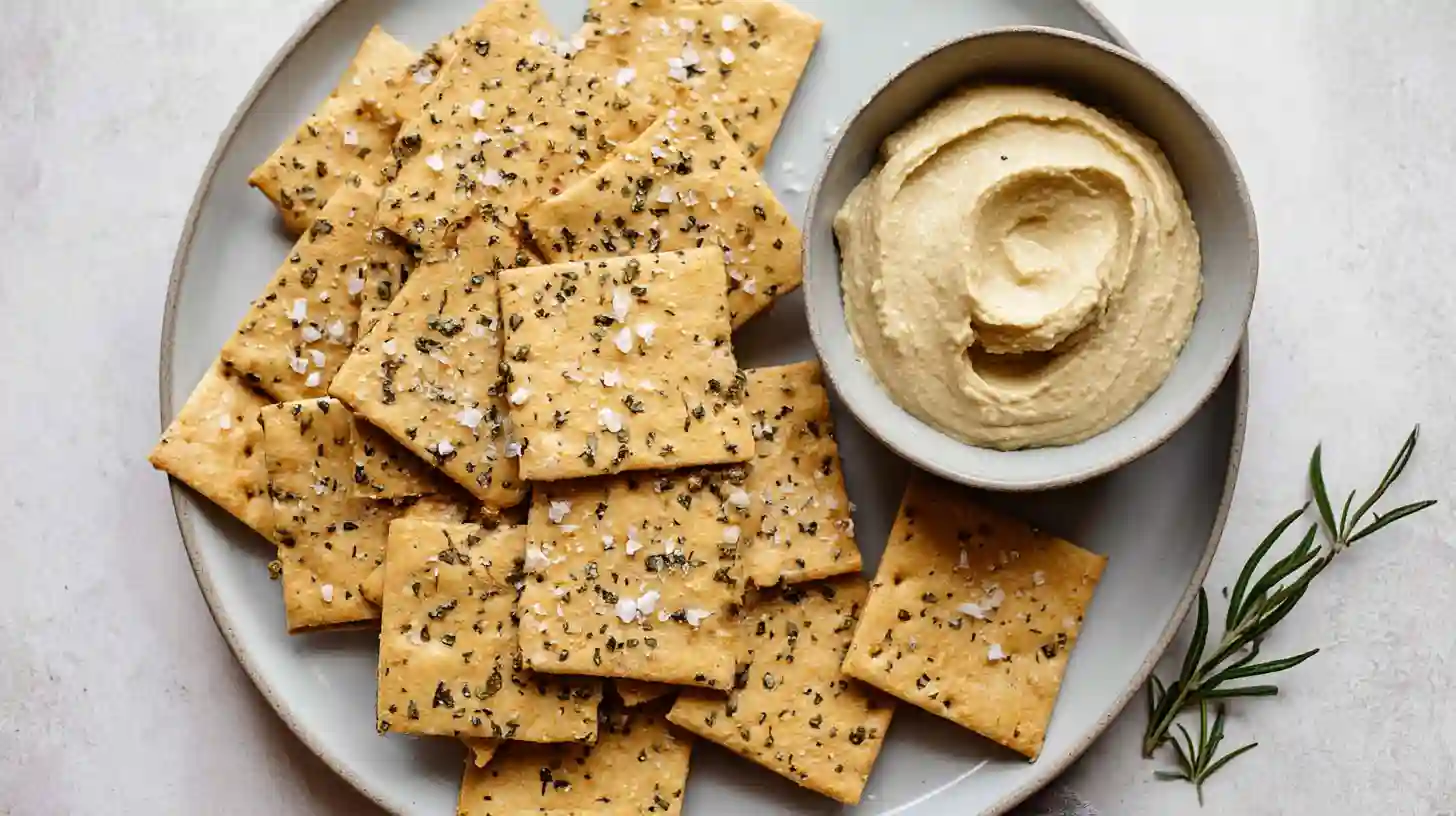 A plate of homemade almond flour crackers arranged around a small bowl of creamy hummus. The crackers are square-shaped, lightly salted, and have visible holes in the center, showcasing their rustic texture. The scene highlights the simplicity and deliciousness of almond flour crackers, perfect for dipping or snacking. The neutral-colored plate and soft lighting enhance the clean, minimalist look of the dish