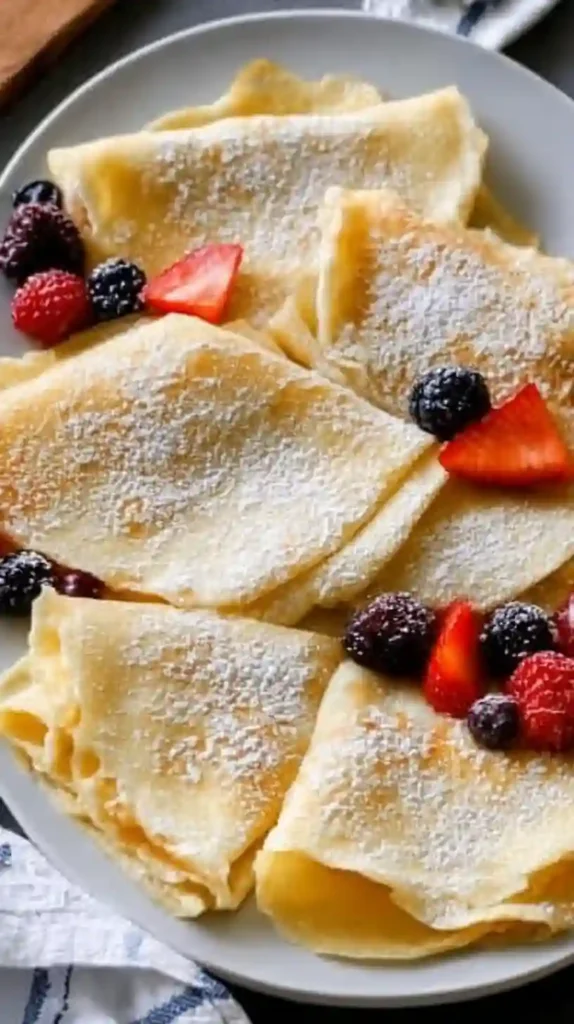 A plate of folded breakfast crepes dusted with powdered sugar and topped with fresh strawberries, blackberries, and raspberries.