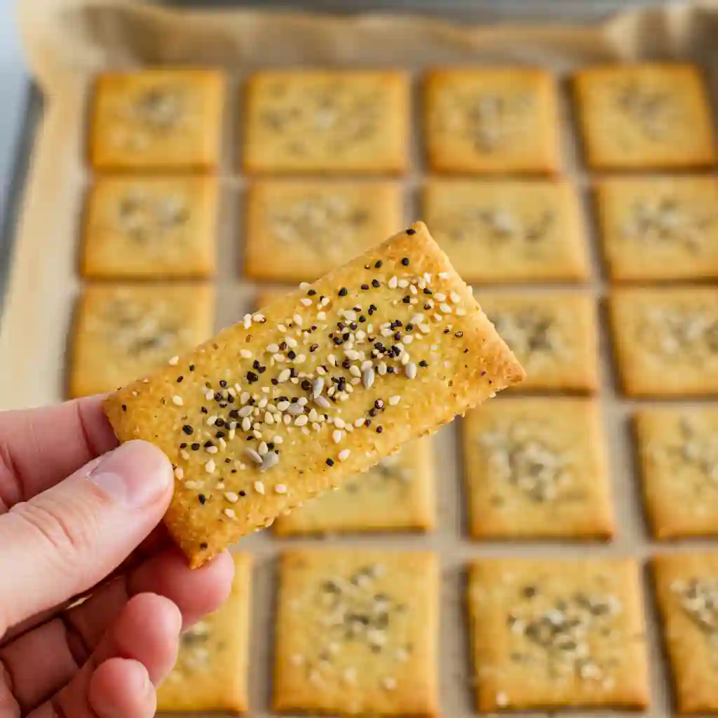 A hand holding up one perfectly baked cracker from an easy gluten-free crackers recipe, showing its crispy texture.