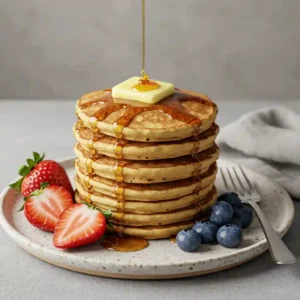 A tall stack of fluffy gluten free pancakes on a plate, topped with a pat of butter and drizzled with maple syrup, garnished with fresh strawberries and blueberries.