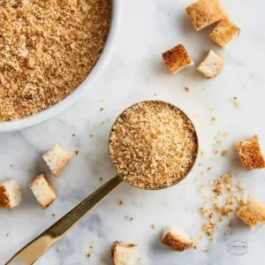 Measuring spoon filled with gluten free bread crumbs surrounded by cubed gluten free bread pieces on a marble surface next to a bowl of breadcrumbs.