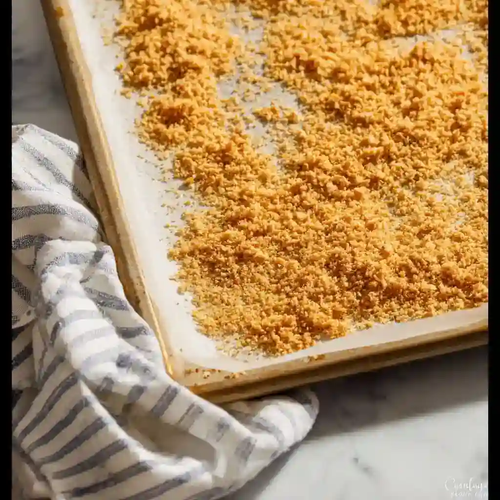 Golden gluten free bread crumbs spread on a parchment-lined baking sheet, ready to cool after toasting in the oven for extra crispiness.