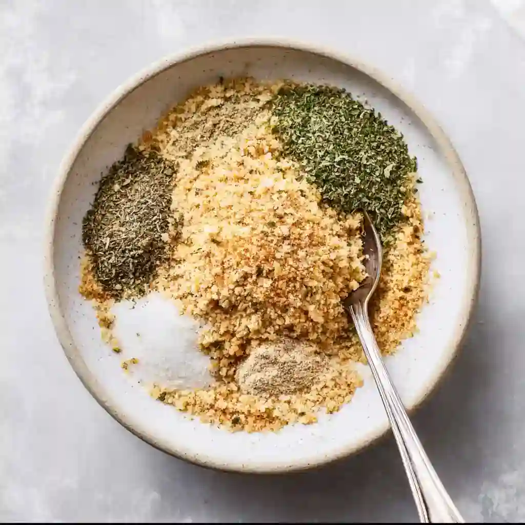 Bowl of gluten free bread crumbs mixed with dried herbs and seasonings including parsley, garlic powder, and pepper, with a spoon ready for stirring.