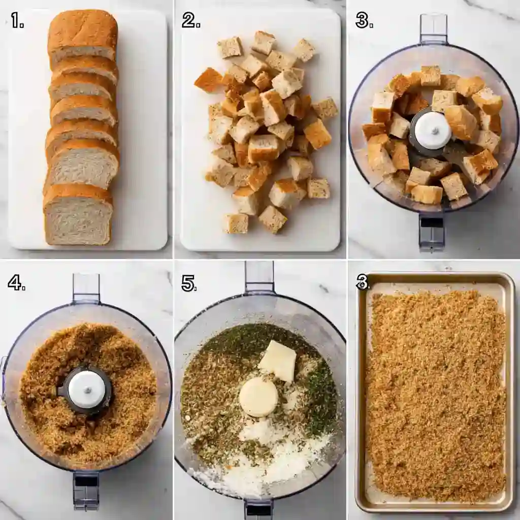 Step-by-step process showing how to make gluten free bread crumbs using sliced bread, cubed pieces, a food processor, added seasonings, and a baking tray.