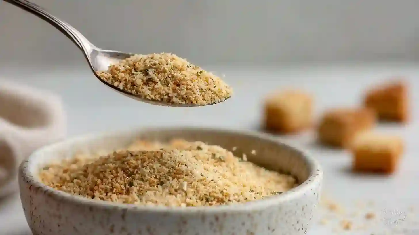 Close-up of a spoonful of gluten free bread crumbs over a bowl, with cubed gluten free bread pieces in the background.
