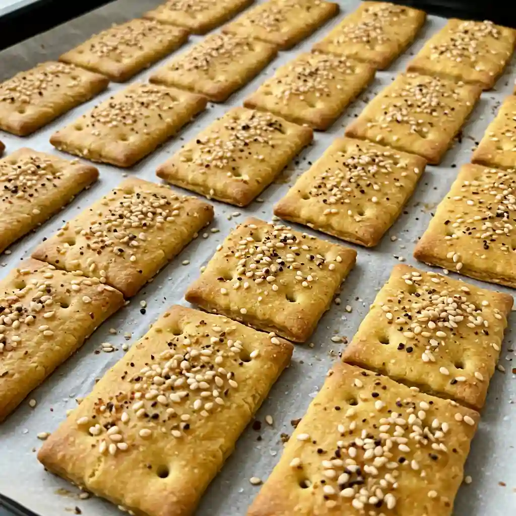 Golden brown rectangular crackers from an easy gluten-free cracker recipe, topped with sesame seeds on a baking sheet.