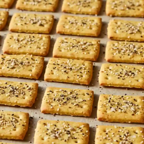 A baking sheet filled with perfectly baked, square homemade gluten-free crackers topped with sesame seeds and pepper.