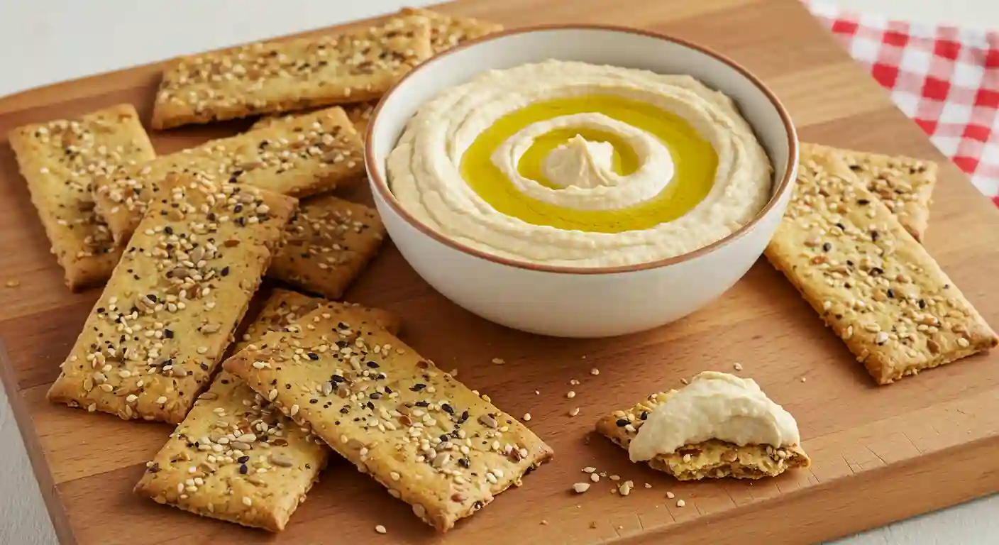 A bowl of hummus surrounded by crispy homemade gluten free crackers topped with seeds, ready for dipping.