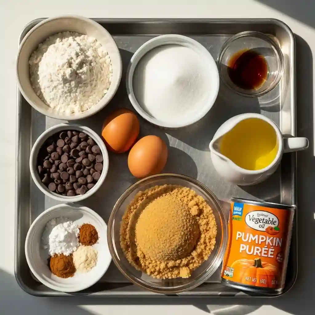 Ingredients for gluten free pumpkin muffins laid out on a baking sheet, including pumpkin puree, gluten-free flour, eggs, and spices.