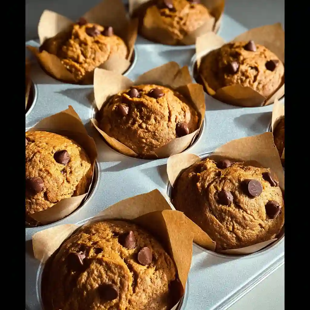 A metal muffin tin filled with freshly baked gluten free pumpkin muffins with chocolate chips in parchment paper liners.
