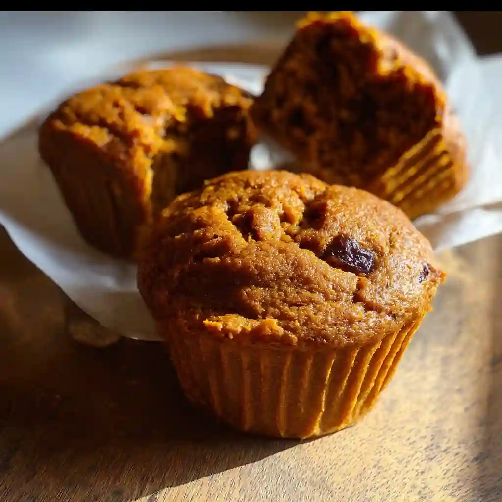 Three gluten free pumpkin muffins on a wooden board, with one broken in half to show the moist and fluffy texture.