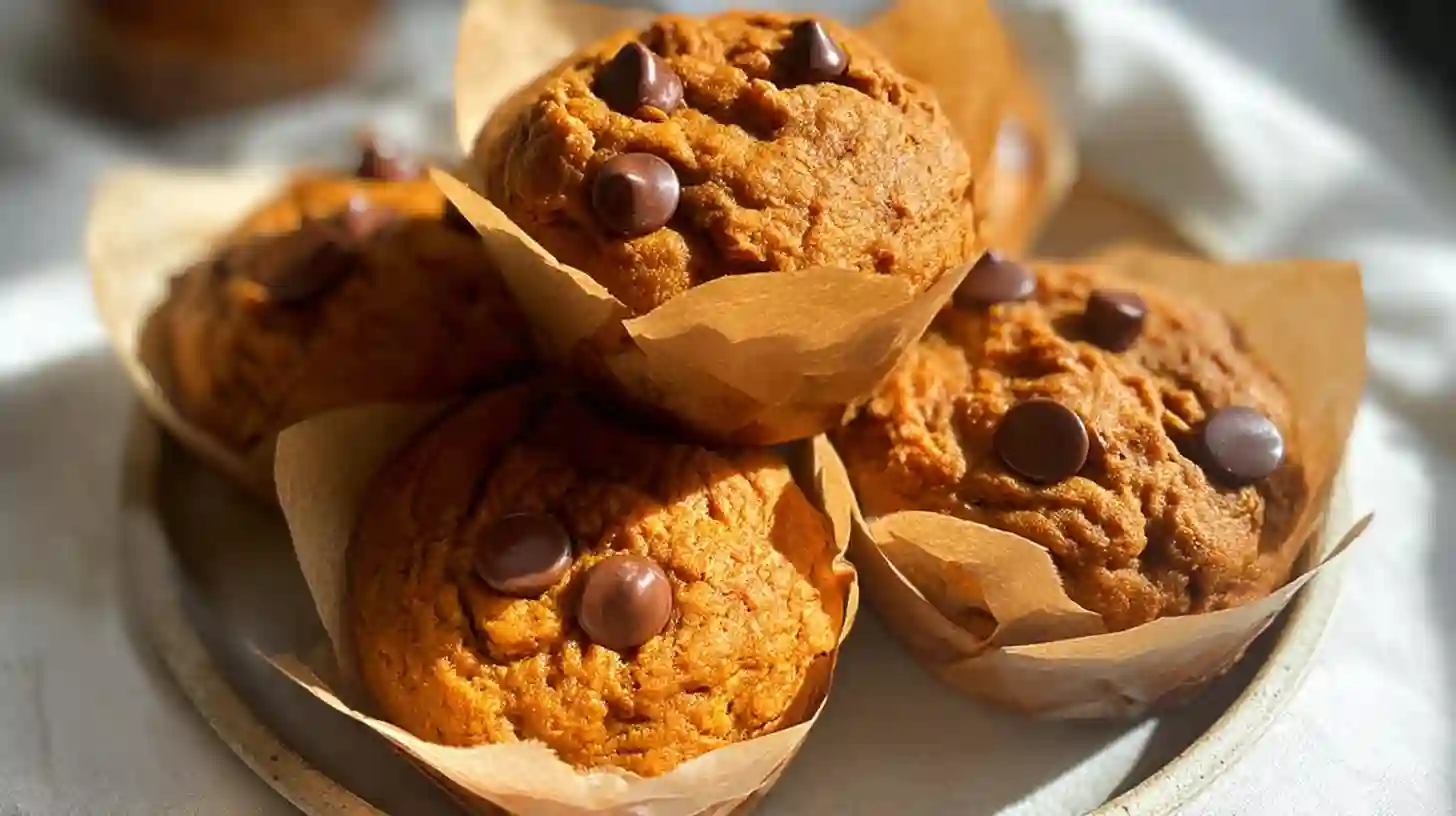 A close-up hero shot of a pile of gluten free pumpkin muffins with chocolate chips, ready to eat.