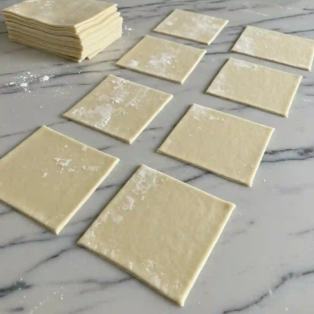 A tall stack of homemade gluten free wonton wrappers next to several individual square wrappers laid out on a marble surface, ready to be used in a recipe.