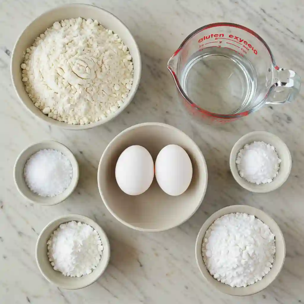 Overhead view of ingredients for a homemade gluten-free wonton wrapper recipe, including a bowl of gluten free flour blend, two eggs, water, salt, and various starches