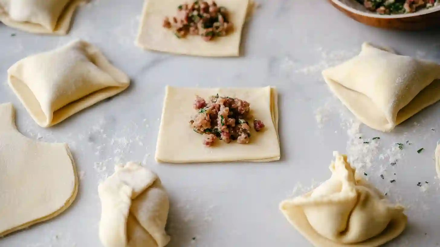 Gluten free wonton wrappers being filled with pork and chive mixture, some folded into dumplings