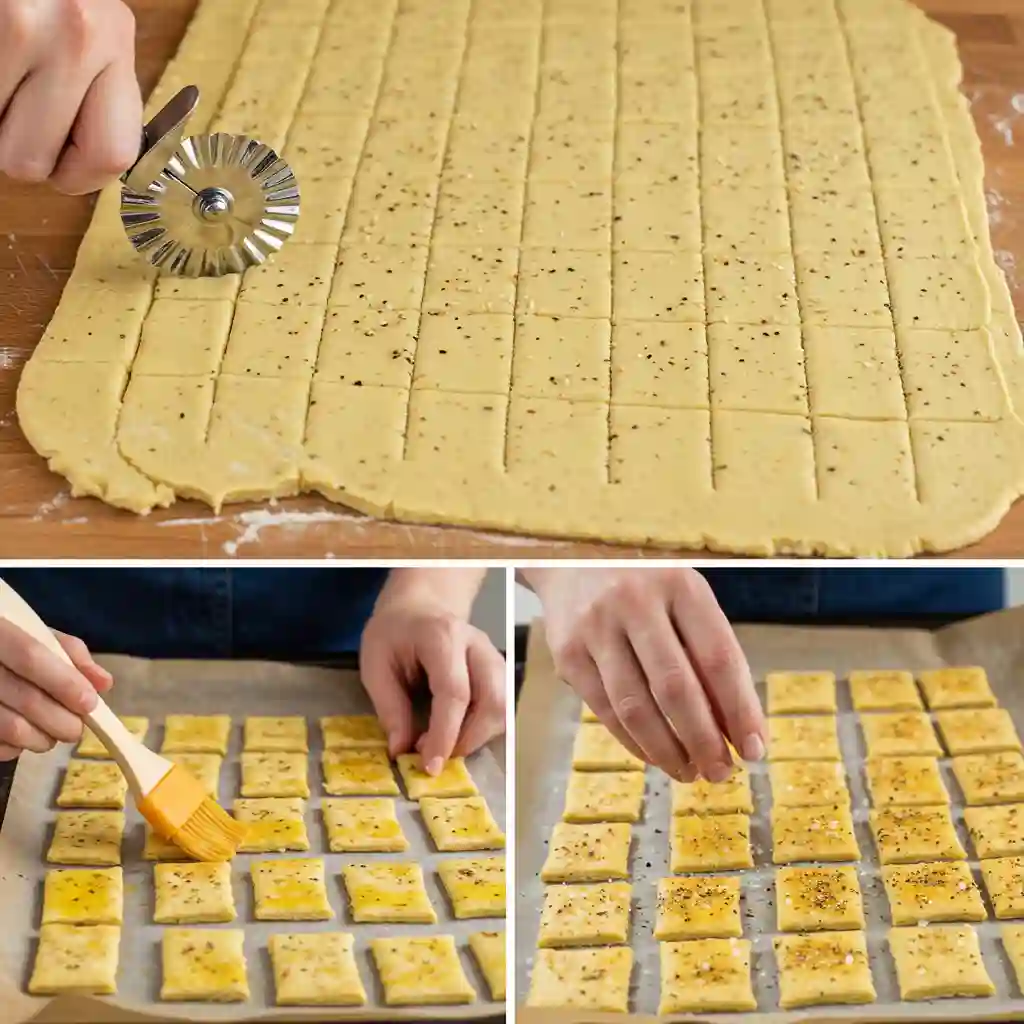 A step-by-step collage showing how to make a homemade gluten-free cracker recipe, from cutting the dough to adding toppings.