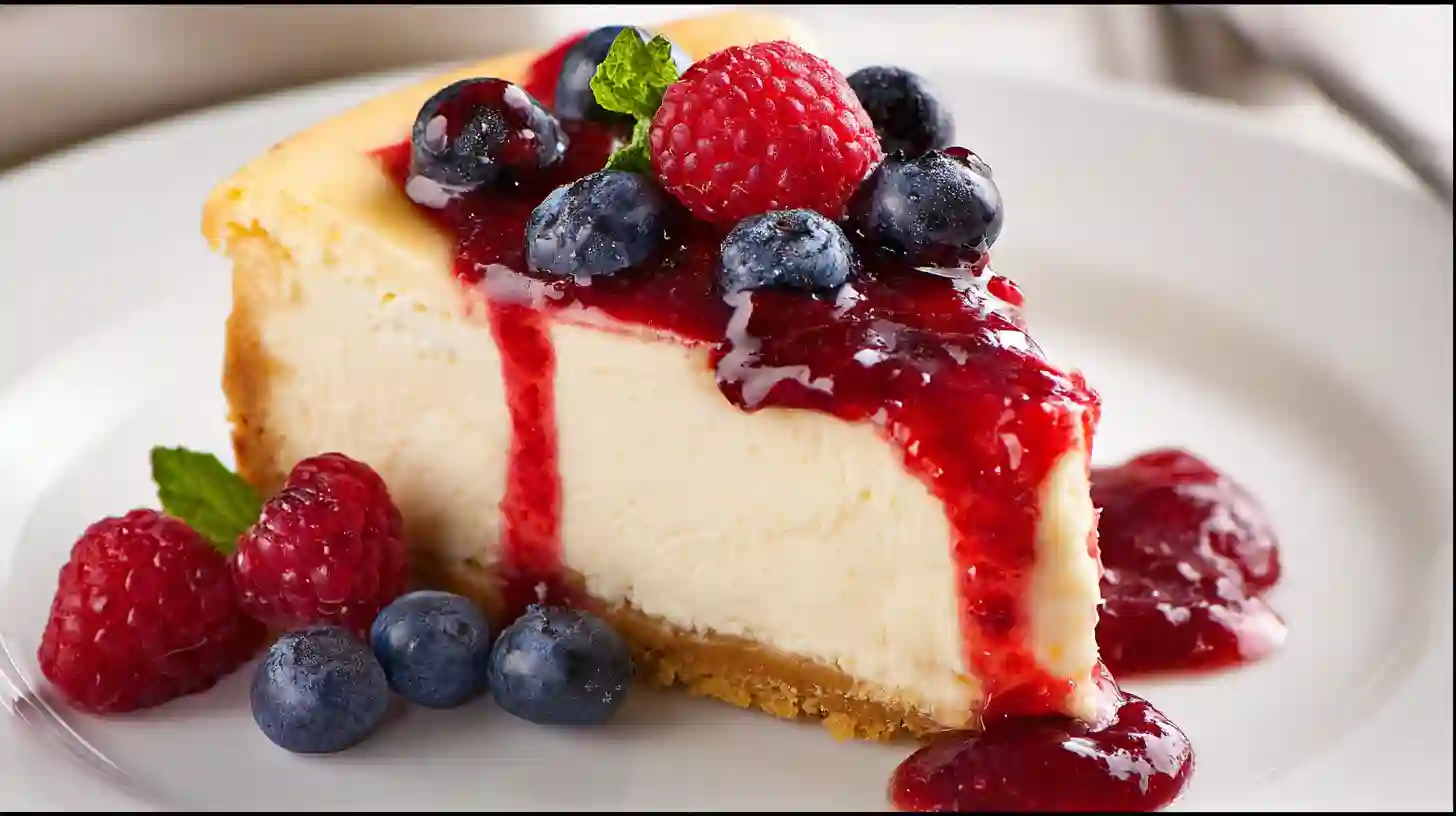 Slice of keto cheesecake recipe topped with mixed berries and sugar free sauce