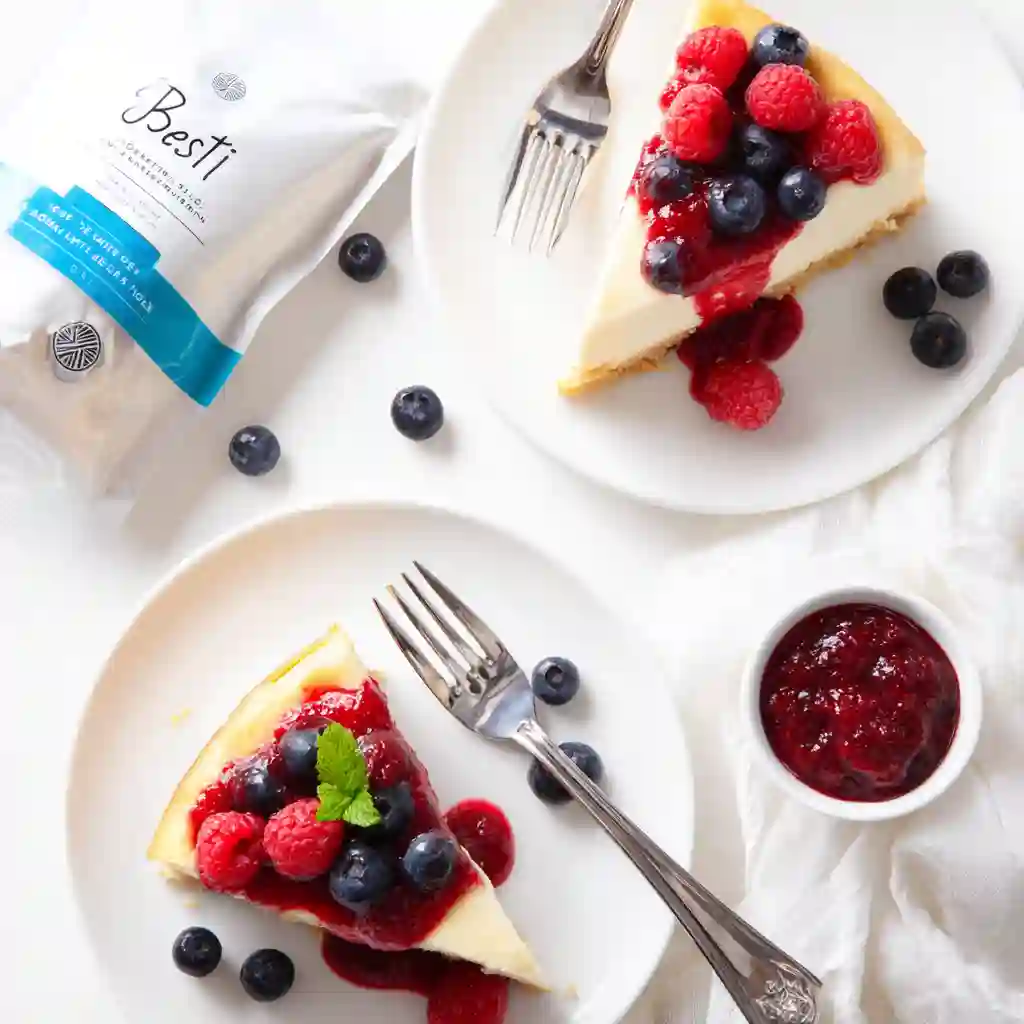 Two plated servings of keto cheesecake recipe with berry topping and forks