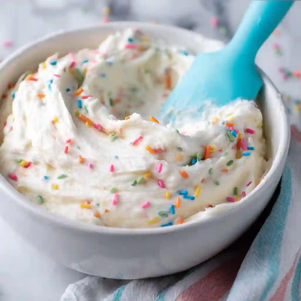 Close-up of thick dairy free icing with sprinkles on a metal beater against a marble background