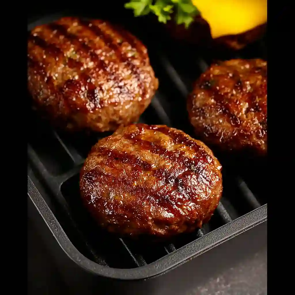 Three Air Fry Burger Patties with grill marks cooking in the basket, a top choice for Meat Recipes In Air Fryer, Air Fried Burger Patties, and Air Fry Meals Healthy.