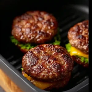 Sizzling Burger Patties In Air Fryer basket showing How To Make Burgers In Air Fryer for delicious Air Fryer Sandwiches and Airfryer Hamburger Recipes.