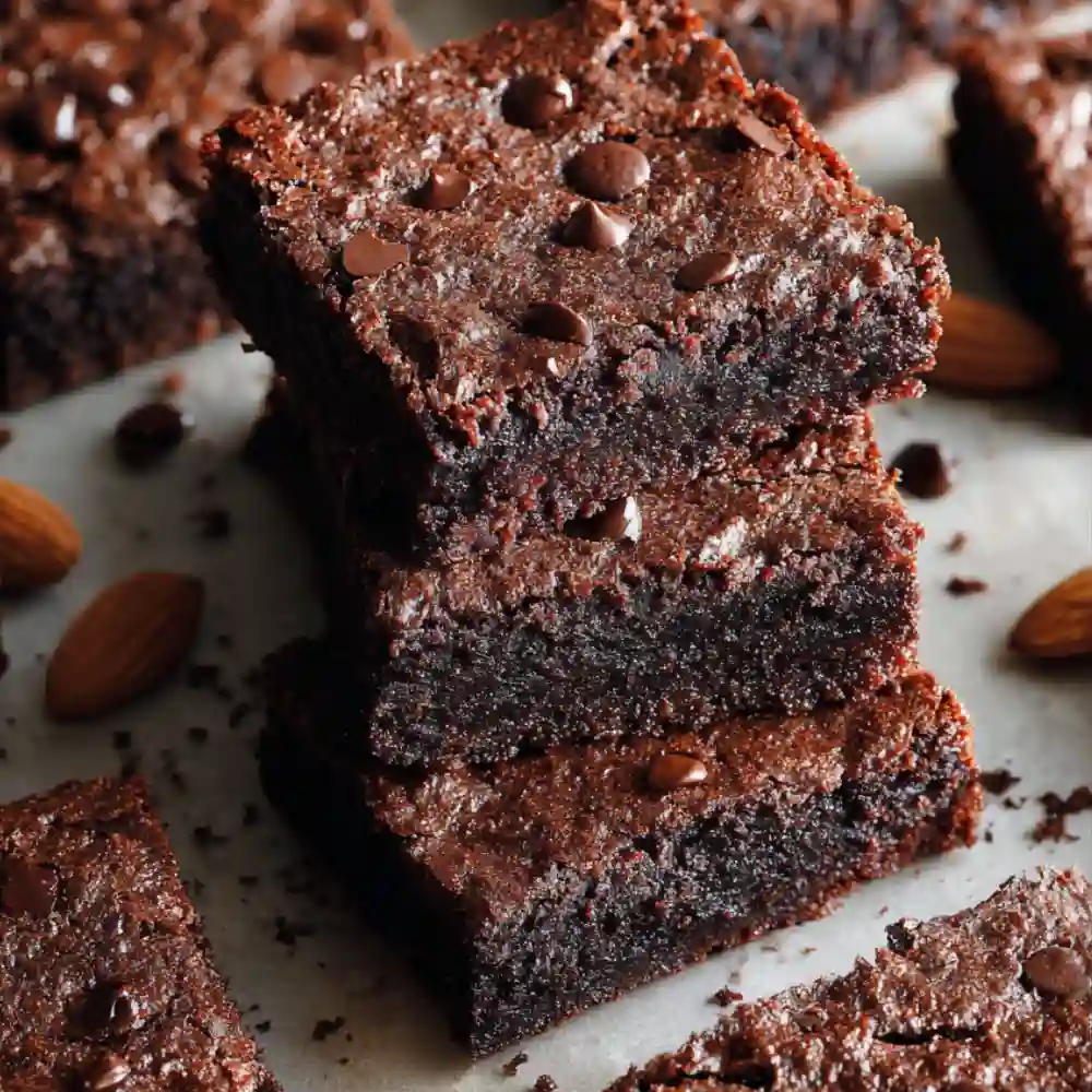 Overhead view of a stack of moist almond flour brownies topped with chocolate chips and surrounded by whole almonds