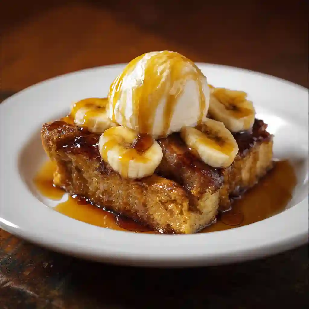 A decadent serving of Banana Foster Bread Pudding featuring caramelized sauce, sliced bananas, and melting ice cream on a rustic wooden table.