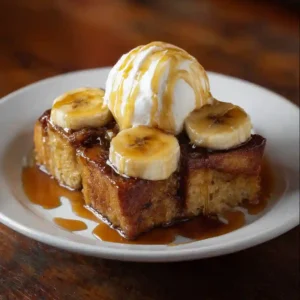Golden brown Banana Foster Bread Pudding topped with fresh banana slices, a scoop of vanilla ice cream, and a drizzle of warm caramel sauce on a white plate.