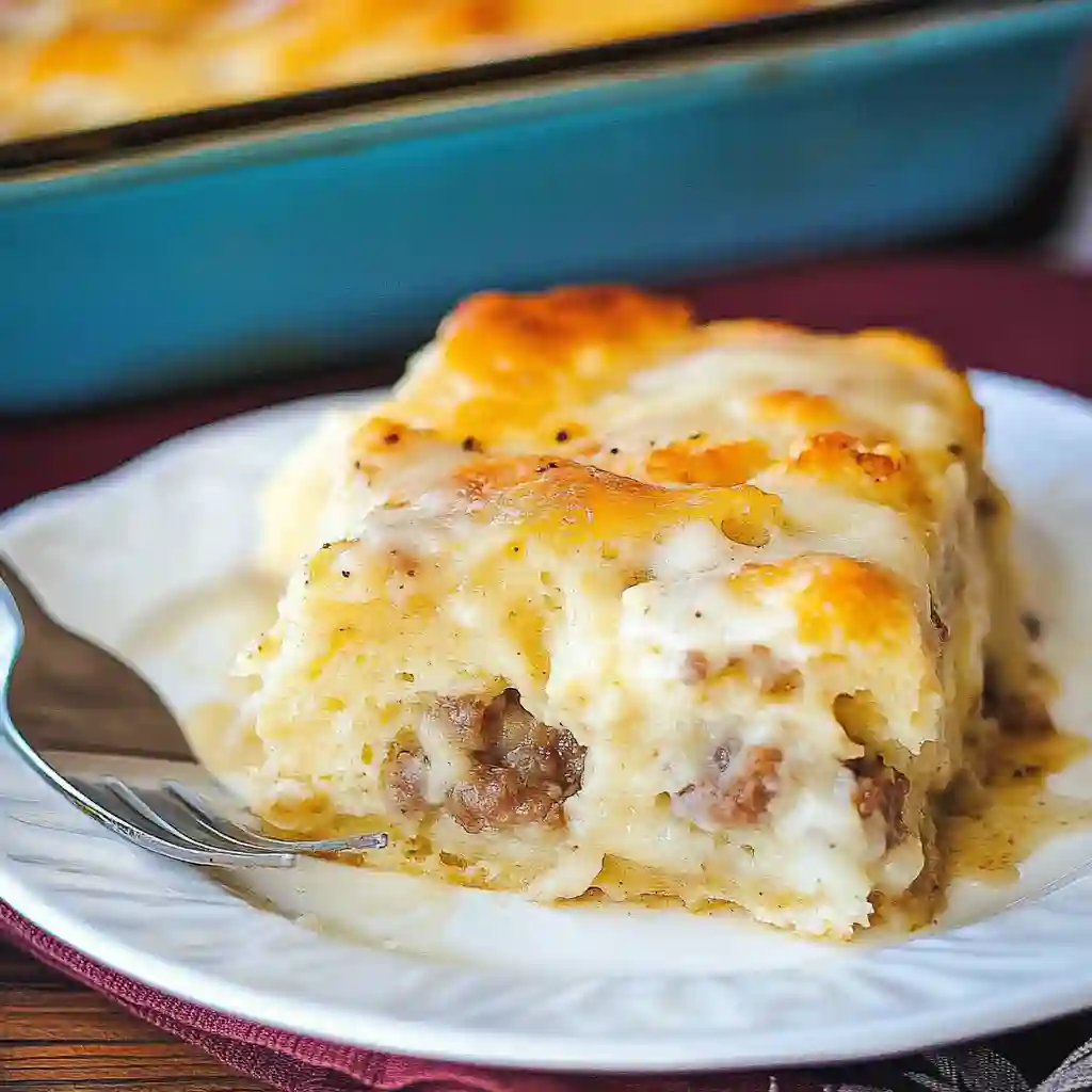 A square slice of Biscuits and Gravy Casserole served on a white plate with a fork, showing the creamy sausage gravy and fluffy biscuits.