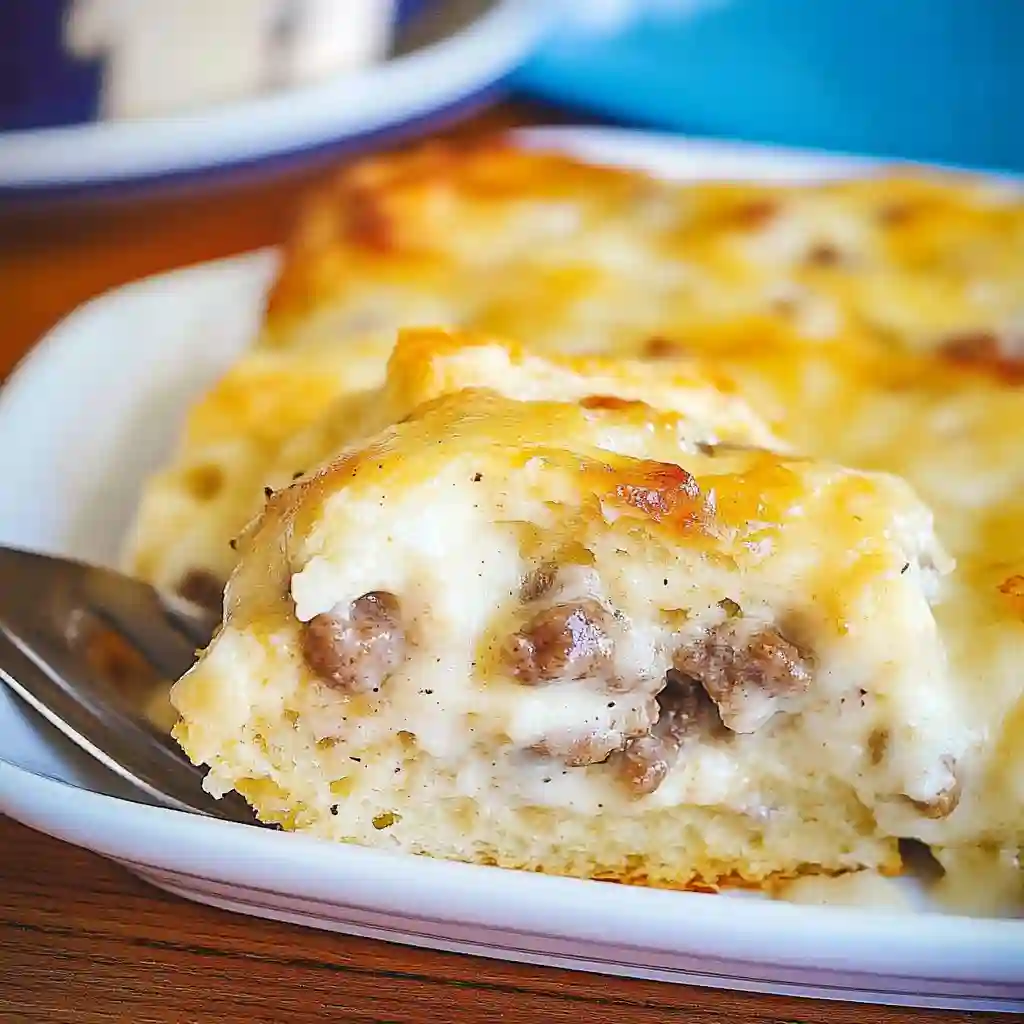 A close-up profile of a plated slice of Biscuits and Gravy Casserole, showing the distinct layers of biscuit, sausage, and gravy.